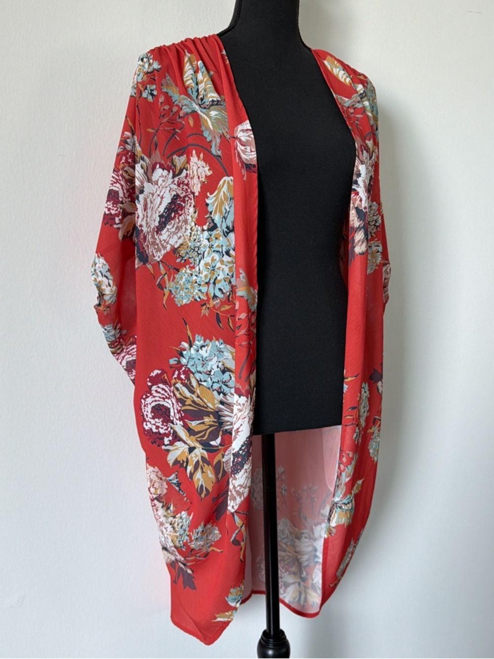 Red / Burnt Orange Floral Open Front Kimono